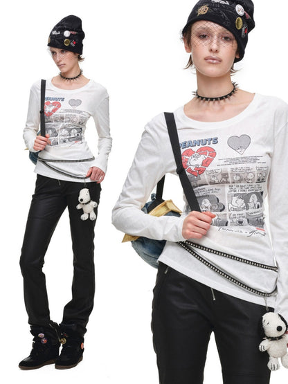 1JINN STUDIO x Snoopy Collaboration Retro Comic Print Cut Out Waist Revealing Long Sleeve T-Shirt【s0000018143】
