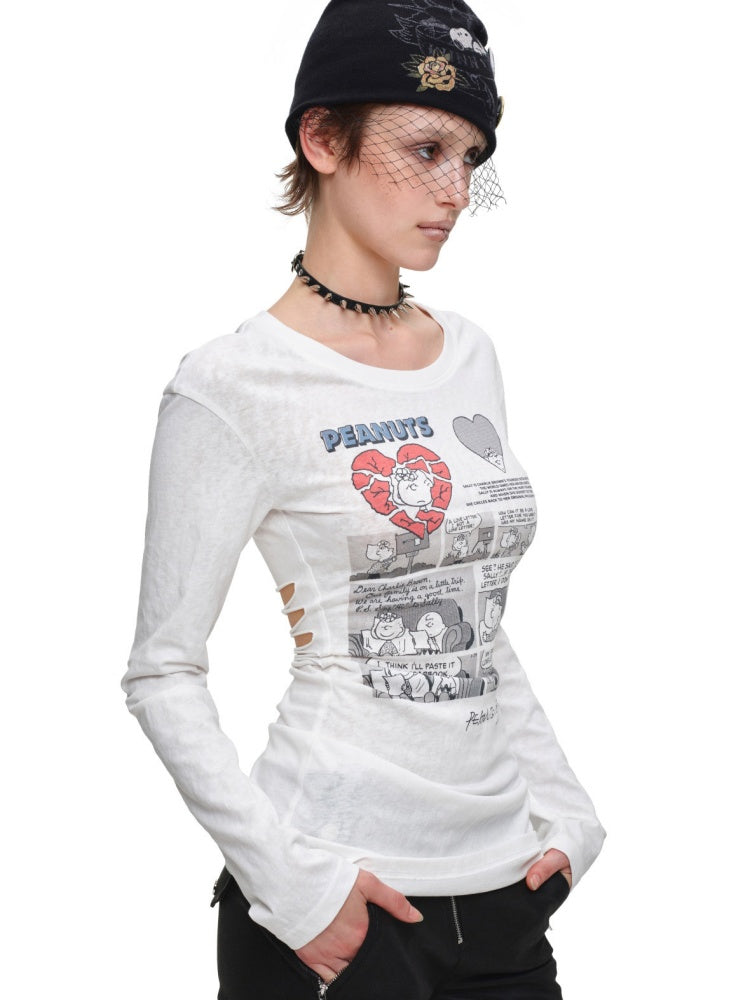 1JINN STUDIO x Snoopy Collaboration Retro Comic Print Cut Out Waist Revealing Long Sleeve T-Shirt【s0000018143】