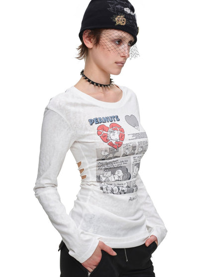 1JINN STUDIO x Snoopy Collaboration Retro Comic Print Cut Out Waist Revealing Long Sleeve T-Shirt【s0000018143】