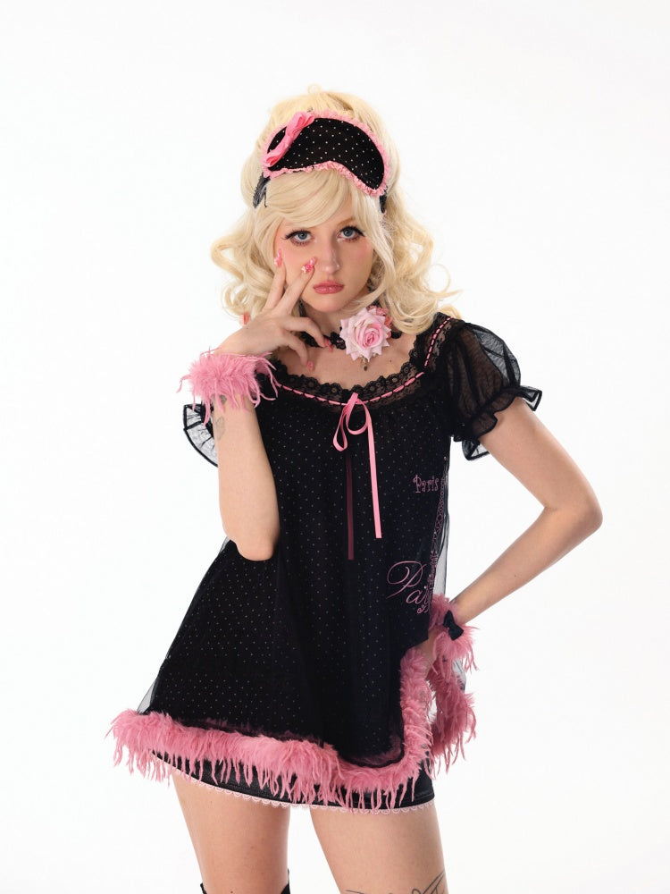 Paris Girl Eiffel Tower Print Rhinestone Mesh Patchwork Nightdress【s0000018440】