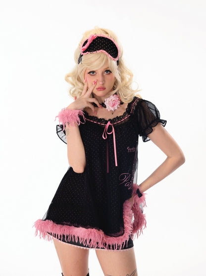Paris Girl Eiffel Tower Print Rhinestone Mesh Patchwork Nightdress【s0000018440】