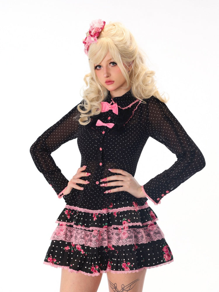 Slim Sheer Pink Black Polka Dot Sweet Cool Bow Long-Sleeve Shirt【s0000018442】
