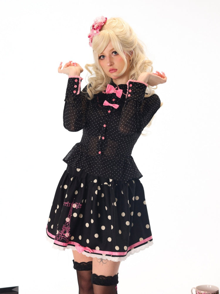 Slim Sheer Pink Black Polka Dot Sweet Cool Bow Long-Sleeve Shirt【s0000018442】
