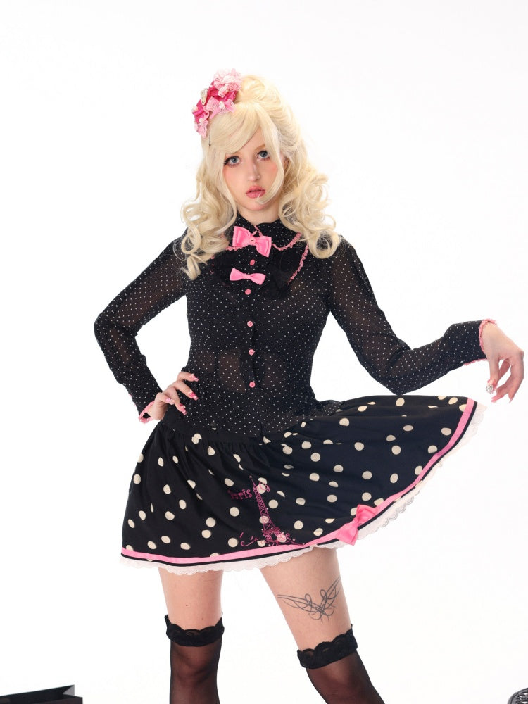 Slim Sheer Pink Black Polka Dot Sweet Cool Bow Long-Sleeve Shirt【s0000018442】