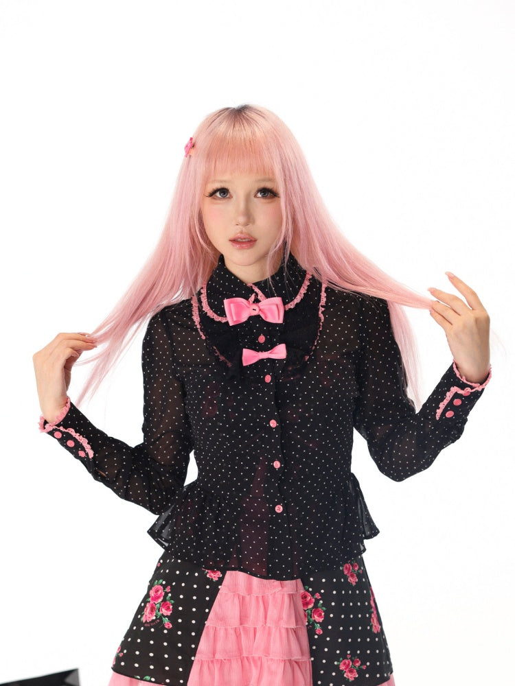 Slim Sheer Pink Black Polka Dot Sweet Cool Bow Long-Sleeve Shirt【s0000018442】