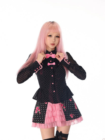 Slim Sheer Pink Black Polka Dot Sweet Cool Bow Long-Sleeve Shirt【s0000018442】