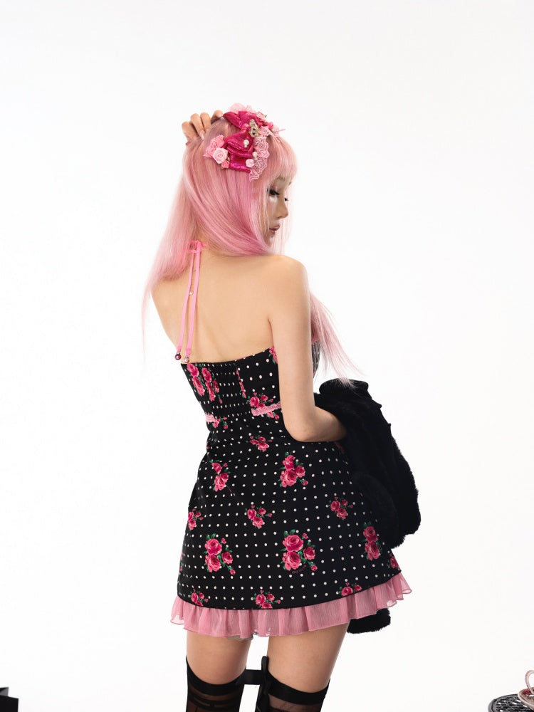 Rose Window Gal Polka Dot Vintage Princess-Style Strapless Halter Dress【s0000018443】