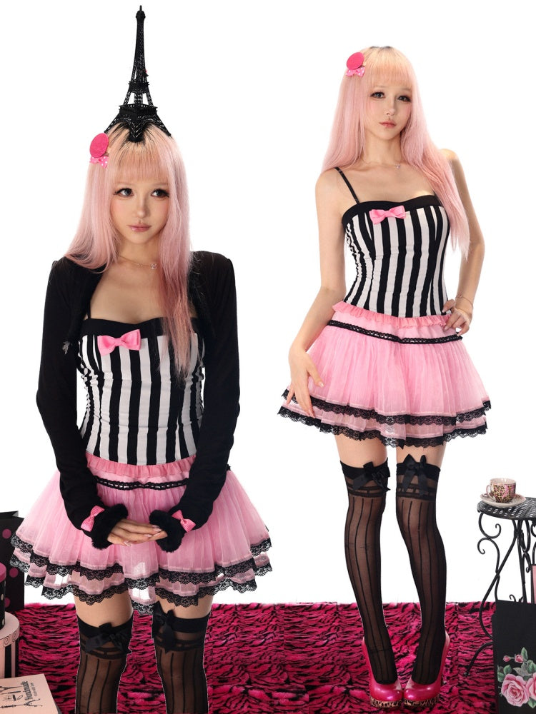 Gal Princess-Style Black & white Striped Bow Slim-Fit Strap Tops【s0000018445】