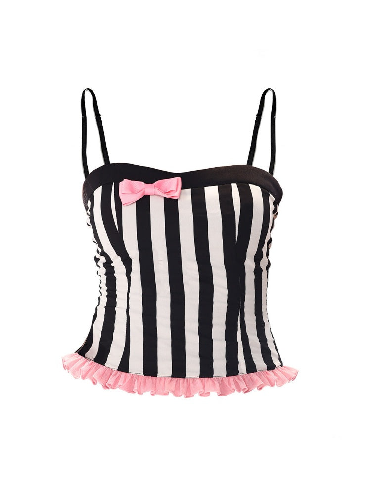 Gal Princess-Style Black & white Striped Bow Slim-Fit Strap Tops【s0000018445】