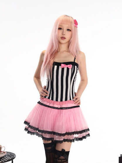 Gal Princess-Style Black & white Striped Bow Slim-Fit Strap Tops【s0000018445】
