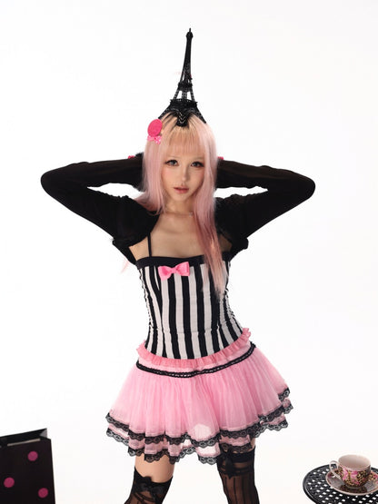 Gal Princess-Style Black & white Striped Bow Slim-Fit Strap Tops【s0000018445】