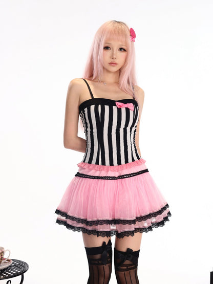 Gal Princess-Style Black & white Striped Bow Slim-Fit Strap Tops【s0000018445】