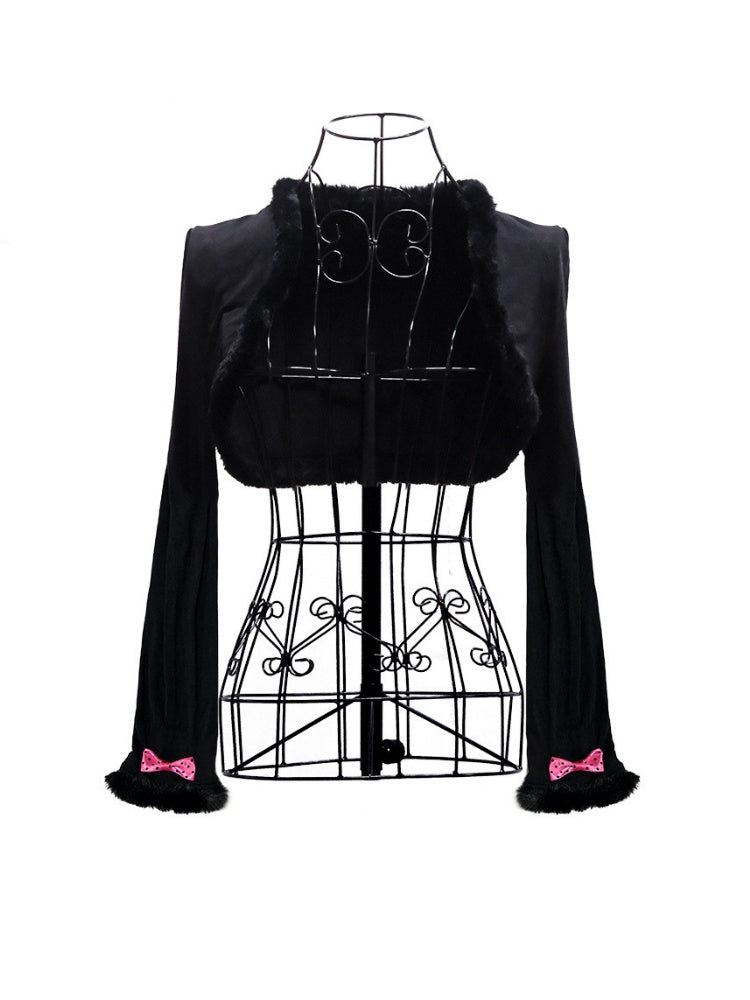 Shell Sweater Fur Edge Slim Dot Ribbon Short Jacket【s0000018446】