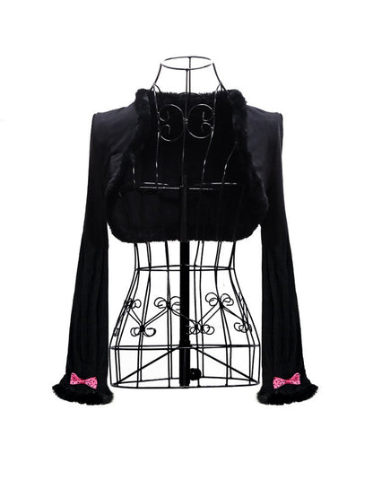Shell Sweater Fur Edge Slim Dot Ribbon Short Jacket【s0000018446】