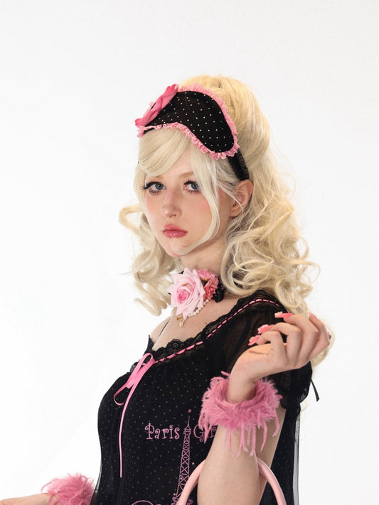 Polka Dot Contrast-Color Lace Bow Eyepatch Headband【s0000018448】