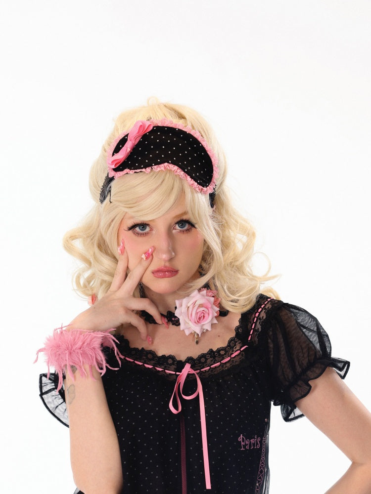 Polka Dot Contrast-Color Lace Bow Eyepatch Headband【s0000018448】