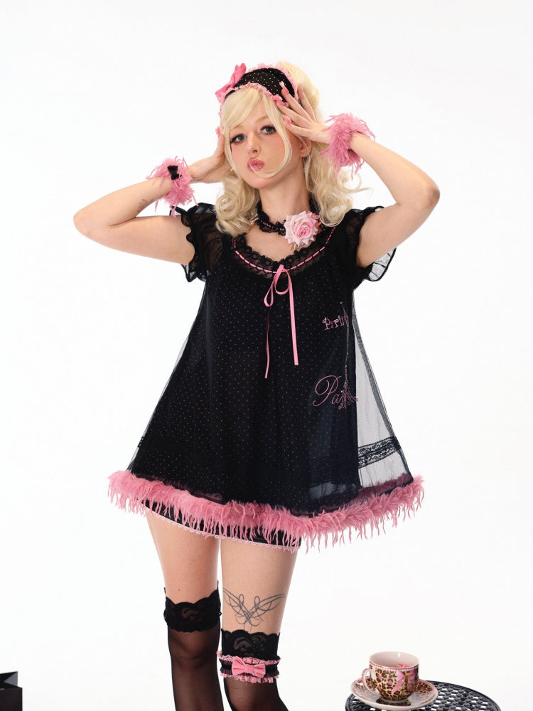 Polka Dot Contrast-Color Lace Bow Eyepatch Headband【s0000018448】
