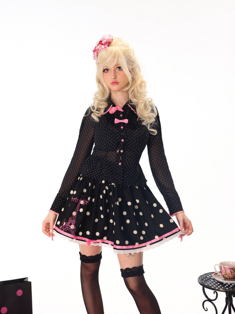 Shining Paris Rhinestone Eiffel Tower Print Polka Dot Vintage Cute Skirt【s0000018449】