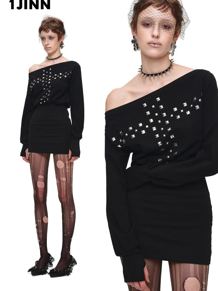American Heavy-Duty Handmade Cross Rivet Asymmetrical Hip-Hugging Sweatshirt Slim Fit Dress【s0000018144】