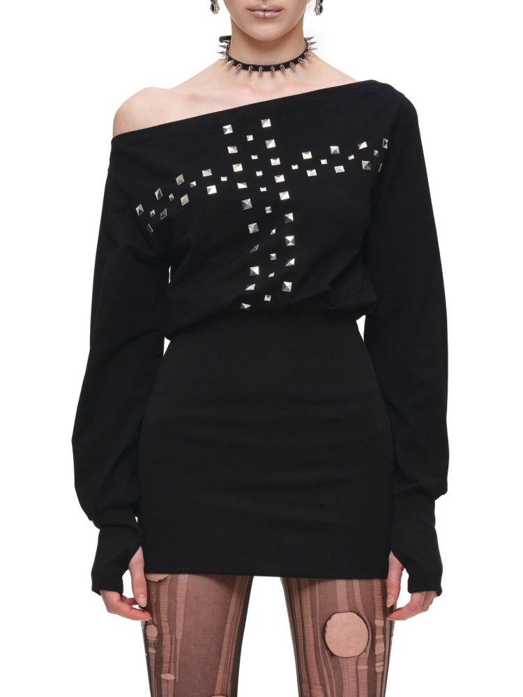 American Heavy-Duty Handmade Cross Rivet Asymmetrical Hip-Hugging Sweatshirt Slim Fit Dress【s0000018144】