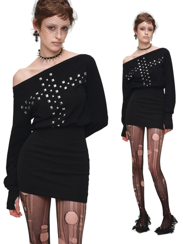American Heavy-Duty Handmade Cross Rivet Asymmetrical Hip-Hugging Sweatshirt Slim Fit Dress【s0000018144】