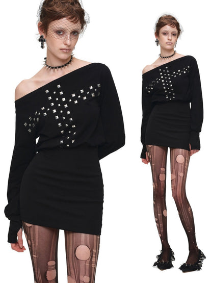 American Heavy-Duty Handmade Cross Rivet Asymmetrical Hip-Hugging Sweatshirt Slim Fit Dress【s0000018144】
