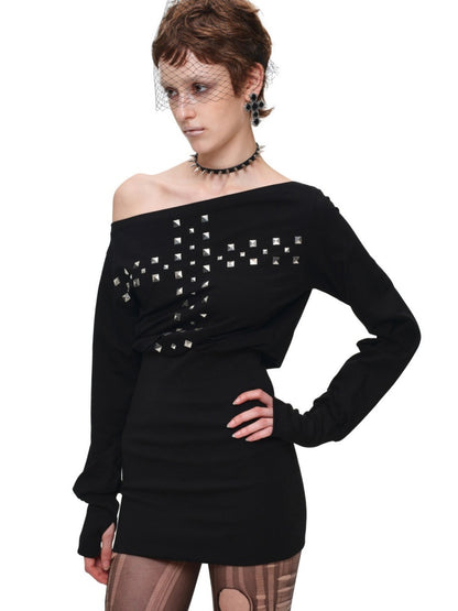 American Heavy-Duty Handmade Cross Rivet Asymmetrical Hip-Hugging Sweatshirt Slim Fit Dress【s0000018144】