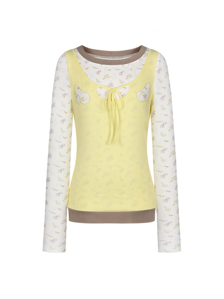 Yellow Angel Embroidery Fake Three-Piece Long-Sleeve T-Shirt【s0000018450】