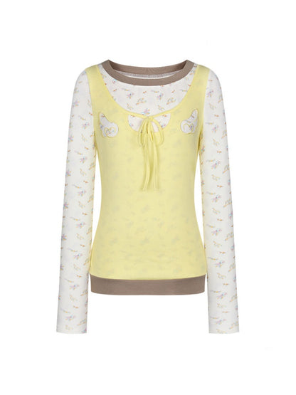 Yellow Angel Embroidery Fake Three-Piece Long-Sleeve T-Shirt【s0000018450】