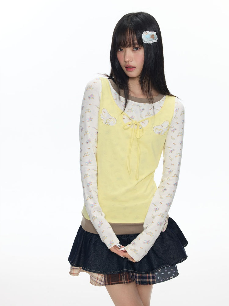 Yellow Angel Embroidery Fake Three-Piece Long-Sleeve T-Shirt【s0000018450】