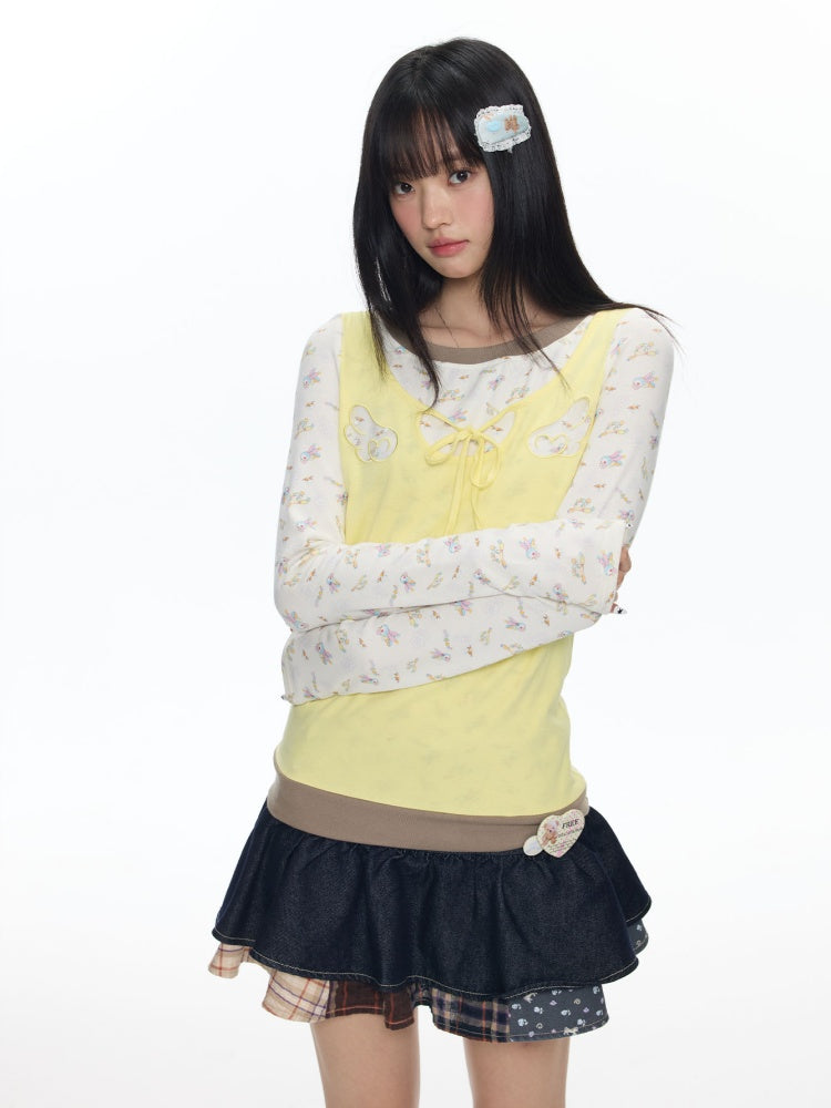 Yellow Angel Embroidery Fake Three-Piece Long-Sleeve T-Shirt【s0000018450】
