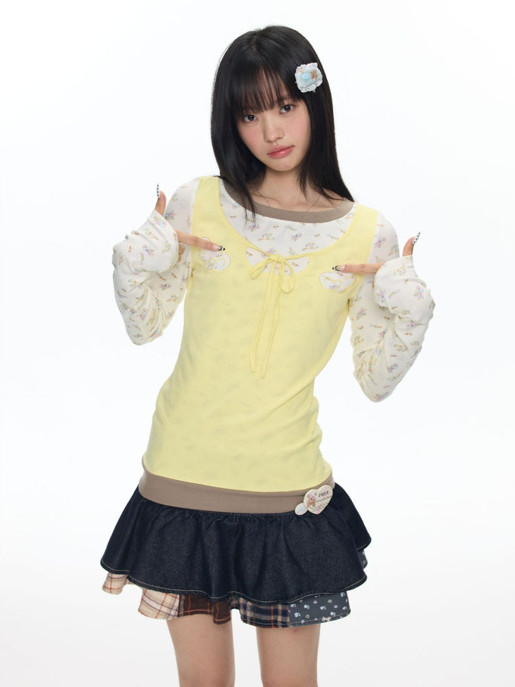 Yellow Angel Embroidery Fake Three-Piece Long-Sleeve T-Shirt【s0000018450】