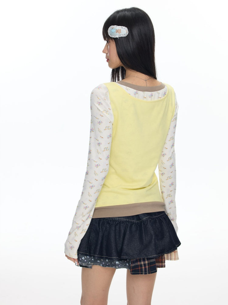 Yellow Angel Embroidery Fake Three-Piece Long-Sleeve T-Shirt【s0000018450】