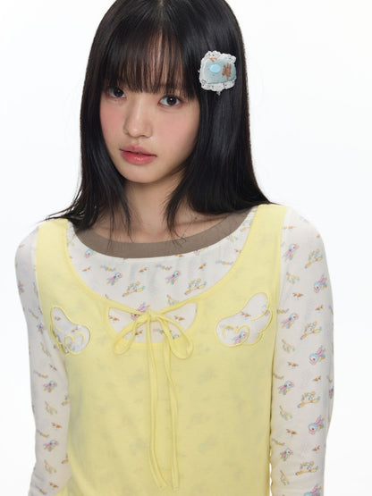 Yellow Angel Embroidery Fake Three-Piece Long-Sleeve T-Shirt【s0000018450】