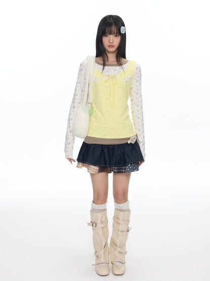 Yellow Angel Embroidery Fake Three-Piece Long-Sleeve T-Shirt【s0000018450】