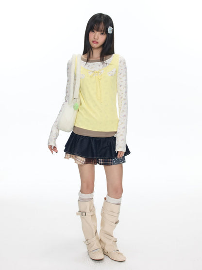 Yellow Angel Embroidery Fake Three-Piece Long-Sleeve T-Shirt【s0000018450】