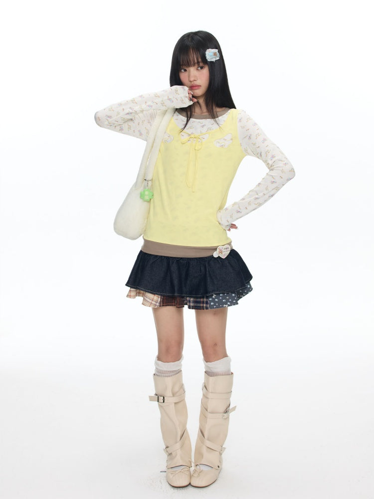Yellow Angel Embroidery Fake Three-Piece Long-Sleeve T-Shirt【s0000018450】
