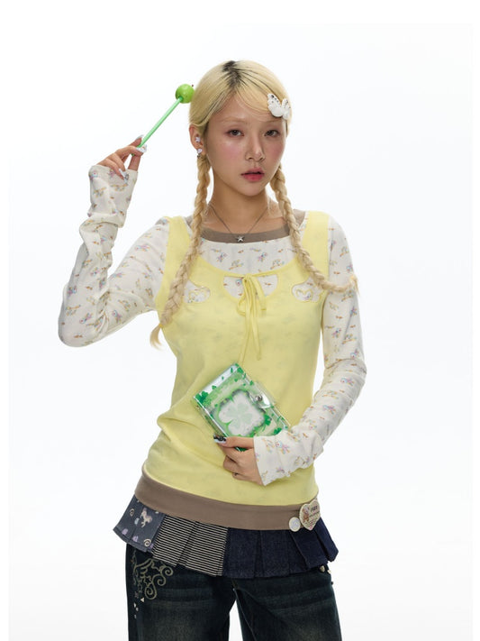 Yellow Angel Embroidery Fake Three-Piece Long-Sleeve T-Shirt【s0000018450】