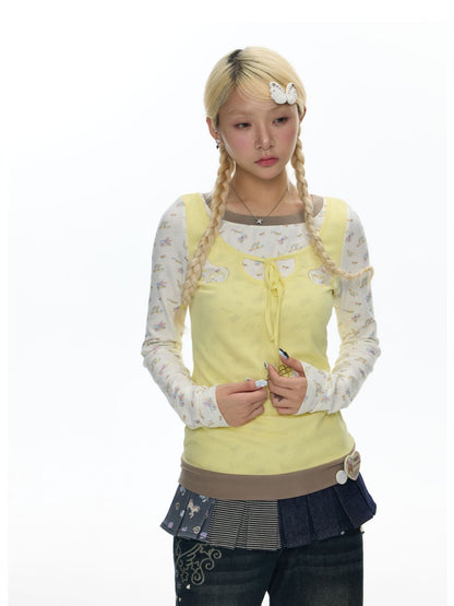 Yellow Angel Embroidery Fake Three-Piece Long-Sleeve T-Shirt【s0000018450】