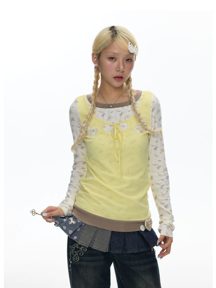 Yellow Angel Embroidery Fake Three-Piece Long-Sleeve T-Shirt【s0000018450】
