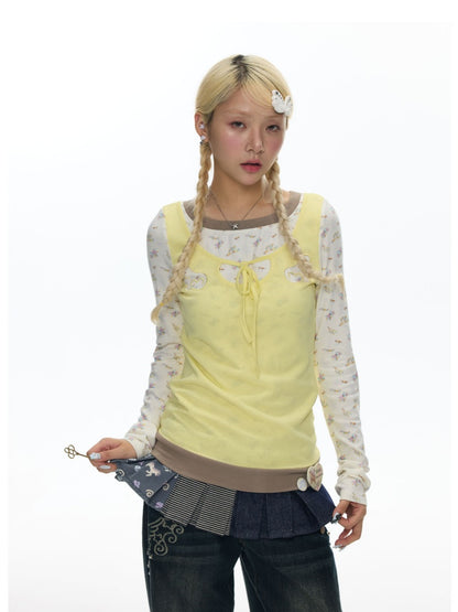 Yellow Angel Embroidery Fake Three-Piece Long-Sleeve T-Shirt【s0000018450】