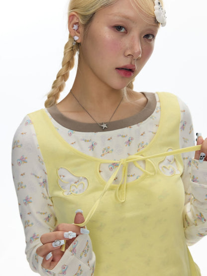 Yellow Angel Embroidery Fake Three-Piece Long-Sleeve T-Shirt【s0000018450】