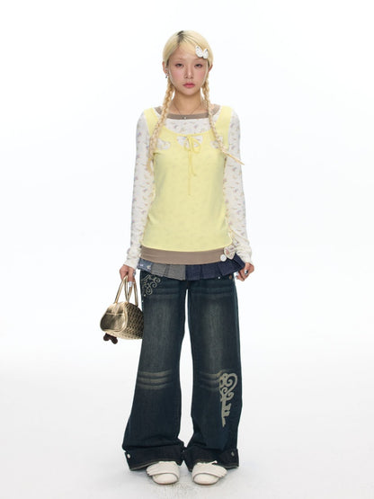 Yellow Angel Embroidery Fake Three-Piece Long-Sleeve T-Shirt【s0000018450】