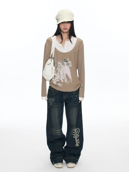 Fake Two-Piece Casual Preppy Long-Sleeve T-Shirt【s0000018452】