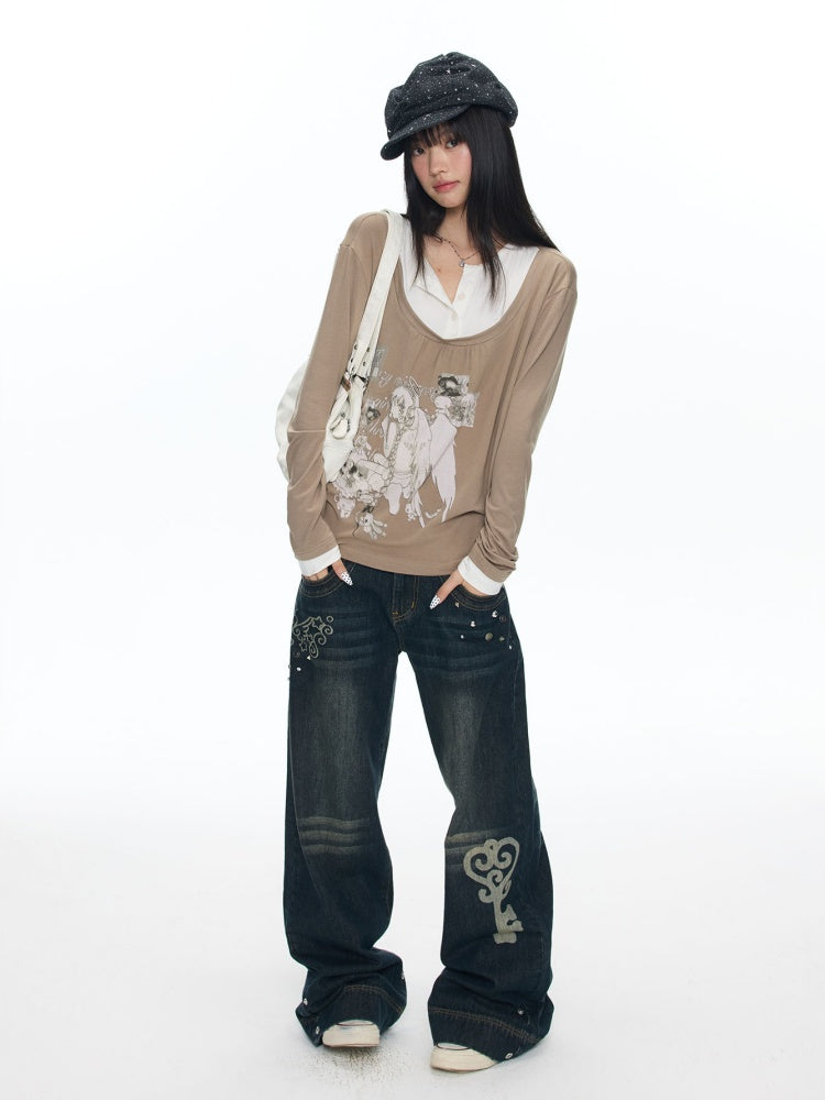 Fake Two-Piece Casual Preppy Long-Sleeve T-Shirt【s0000018452】