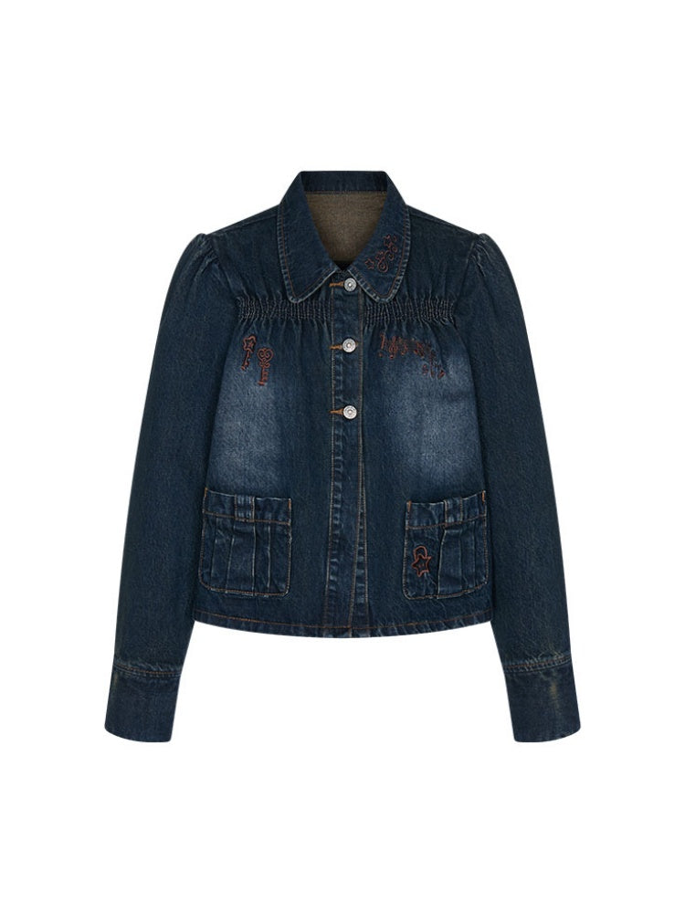 Water Washed Key Star Note Embroidery Long-Sleeve Denim Jacket【s0000018454】
