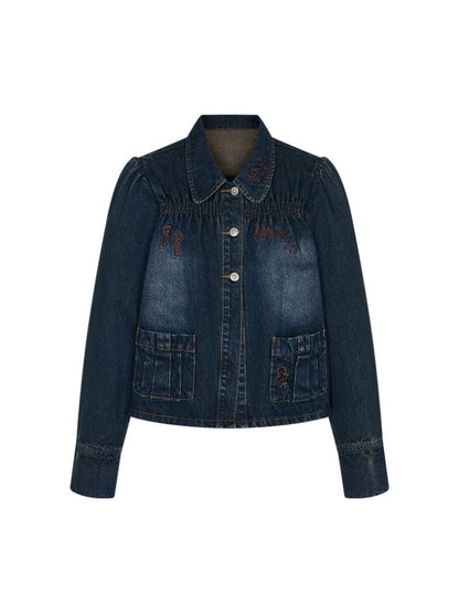 Water Washed Key Star Note Embroidery Long-Sleeve Denim Jacket【s0000018454】