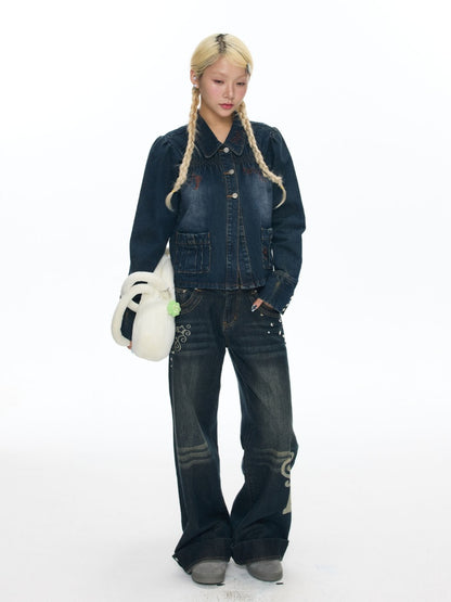 Water Washed Key Star Note Embroidery Long-Sleeve Denim Jacket【s0000018454】