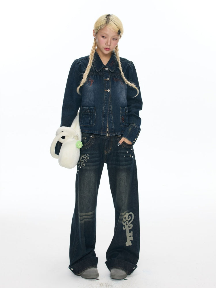 Water Washed Key Star Note Embroidery Long-Sleeve Denim Jacket【s0000018454】
