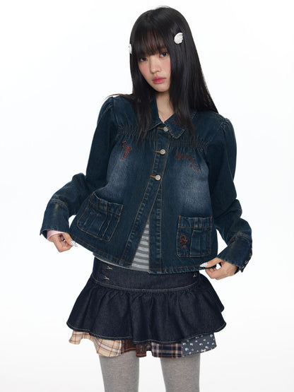 Water Washed Key Star Note Embroidery Long-Sleeve Denim Jacket【s0000018454】